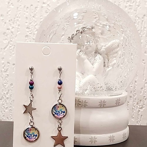 Boucles acier inoxydable dépareillées cabochons multicolores