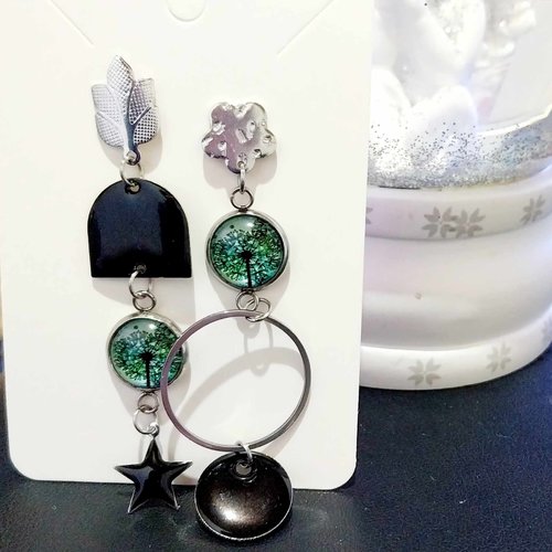 Boucles acier inoxydable argent dépareillées "pissenlit"