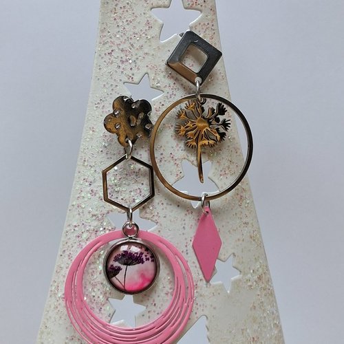 Boucles acier inoxydable dépareillées "pissenlit rose"