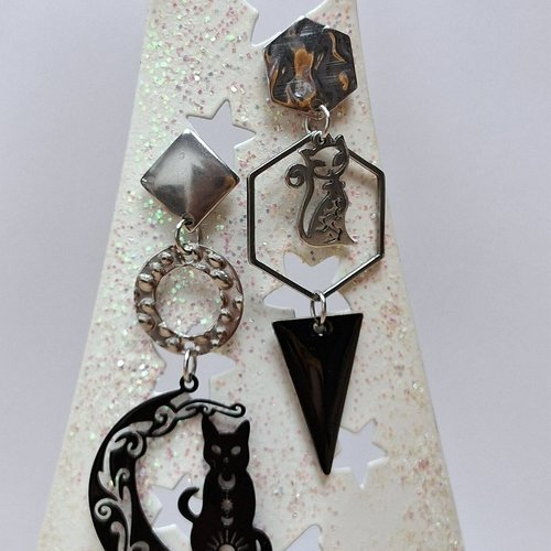 Boucles acier inoxydable dépareillées "black cat"