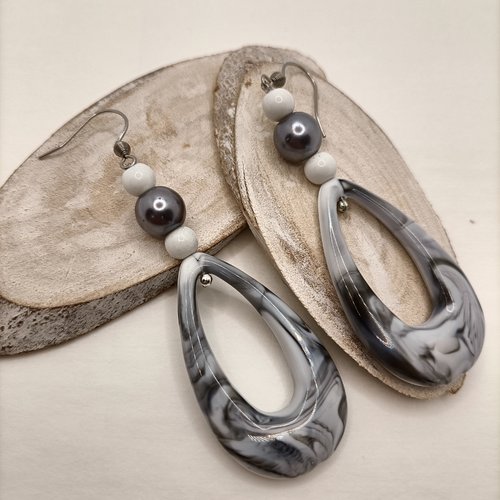 Marbella - boucles d'oreilles fantaisies pendantes effet pierre grise