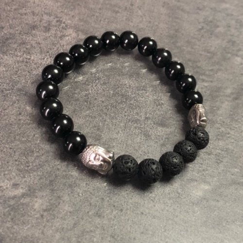 Bodhi - bracelet de perles obsidiennes et perles de lave avec bouddhas en acier inoxydable