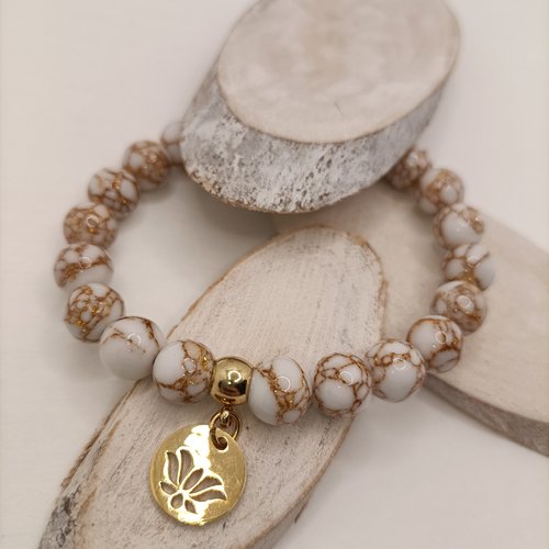Marmara - bracelet de perles jade marbrées or et fleur de lotus