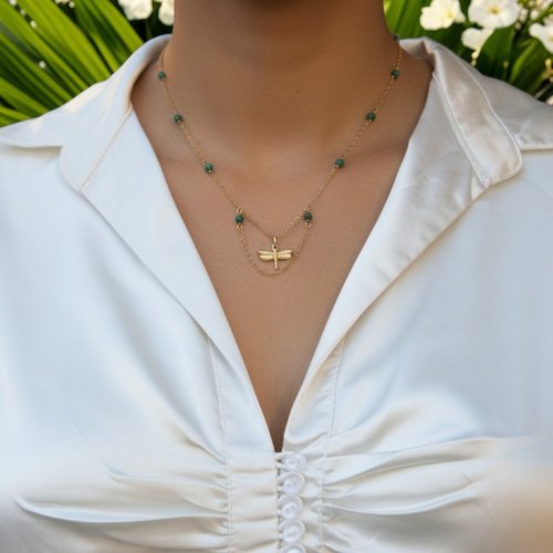 Collier "songe d'alya" code : destock50 acier 316l et malachite 45 cm bijoux femme assembler mains (a902)