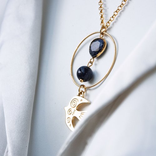 Collier "envol" code : destock50 acier 316l et blue sand stone 46 cm bijoux femme assembler mains (a876)
