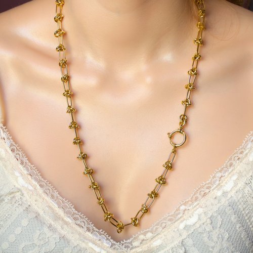 Sautoir "liens d'or" code : destock50 acier 316l 62 cm bijoux femme assembler mains (a912)