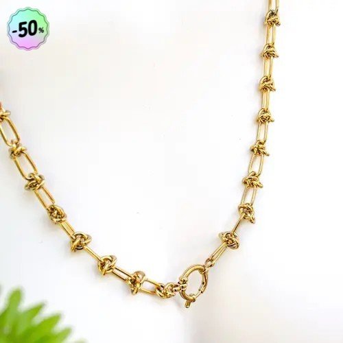 Sautoir "liens d’or" code : destock50 acier inoxydable 62 cm  bijoux femme assembler mains (a912)