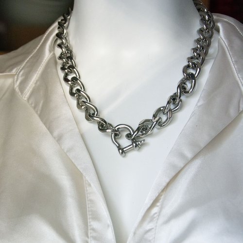 [déstockage -50%] collier "ancre" acier 316l gourmette 15 mm 56 cm bijoux femme assembler mains (a875)