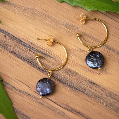 Créoles "camilla" acier doré et perles d'eau douce 20 mm bijoux femme assembler mains (a643