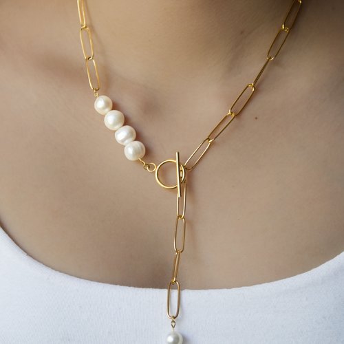 Collier "aura" acier inoxydable et perles d'eau douce 44 cm bijoux femme assembler mains (a405)