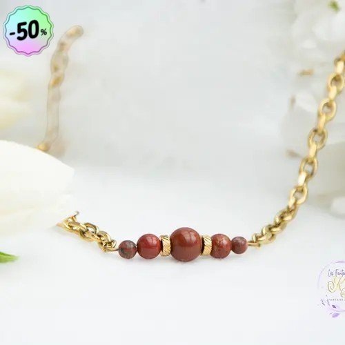 Collier "maia" code : destock50 acier et jaspe rouge 35 cm  bijoux femme assembler mains (a811)