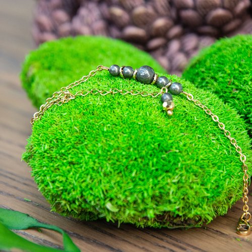 Bracelet "énergia" code : destock50 acier 316l et pyrite 13.3 cm bijoux femme assembler mains (a509)
