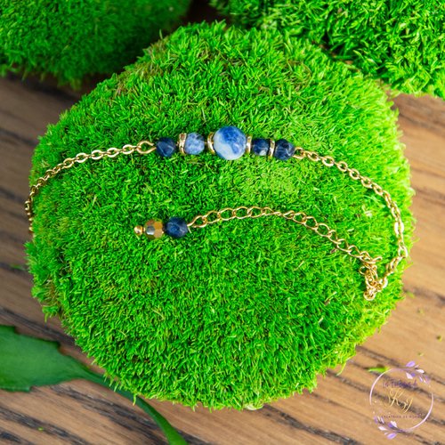 Bracelet "énergia" code : destock50 acier 316l et sodalite 13.3 cm bijoux femme assembler mains (a509)