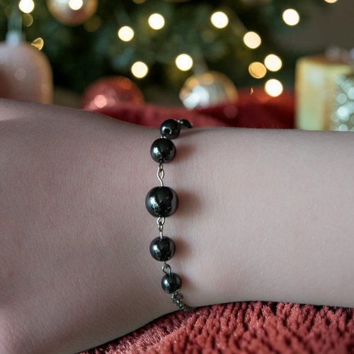 Bracelet "valbona" acier et hématite 14 cm bijoux femme assembler mains (a794)