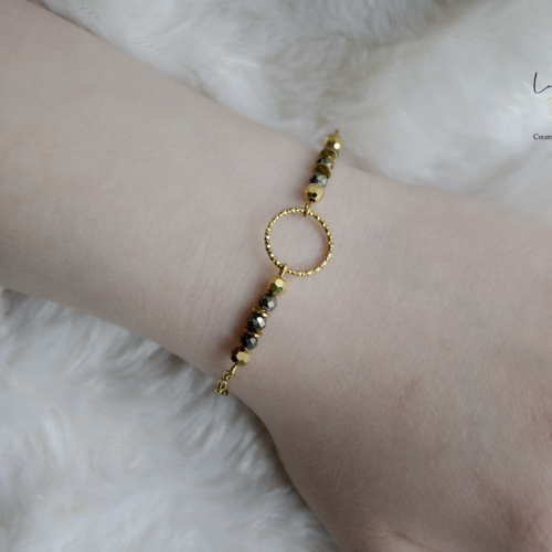Bracelet "virginia" code : destock50 acier 316l et pyrite 15 cm bijoux femme assembler mains (a552)