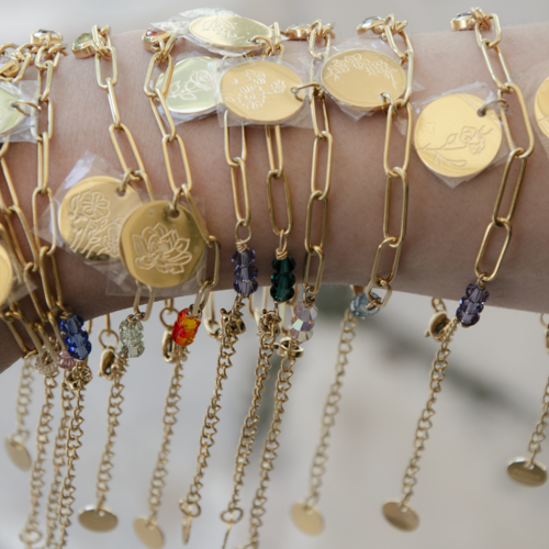 Bracelet "fleur de naissance" [déstockage -60%] acier 316l et cristal autrichien 15 cm bijoux femme assembler mains (a376)