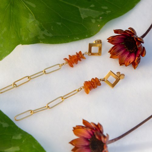 [déstockage -50%] clous d'oreilles "evelinda"  acier inoxydable et ambre 89 mm bijoux femme assembler mains (a788)