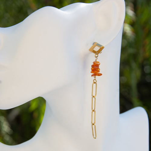Clous d'oreilles "evelinda" code : destock50 acier inoxydable et ambre 89 mm bijoux femme assembler mains (a788)