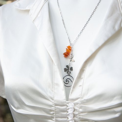 Collier "elementa" acier 316l et ambre 60 cm bijoux femme assembler mains (a872)