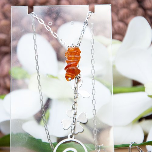 Collier ambre naturel de la baltique acier 316l argenté 60 cm "elementa" bijoux femme assembler mains