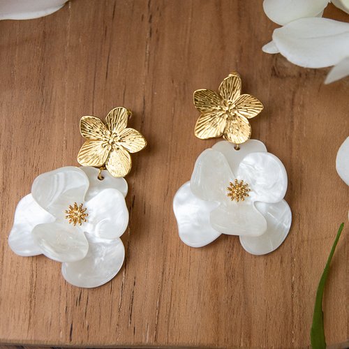Boucles d’oreilles "cerisier" acier 316l doré et résine 6 cm bijoux femme assembler mains (a901)