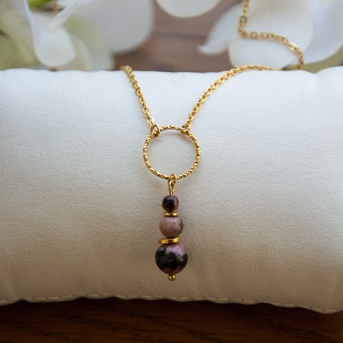 Collier "debora" acier doré et rhodonite 37 cm bijoux femme assembler mains (a605)