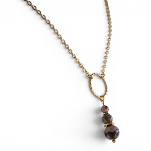Collier rhodonite pierre naturelle 37 cm "debora" acier inoxydable doré bijoux femme assembler mains (a605)