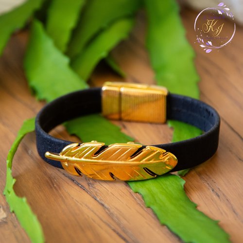 Bracelet "alia" acier 316l doré et liège noir 18 cm bijoux femme assembler mains (230)