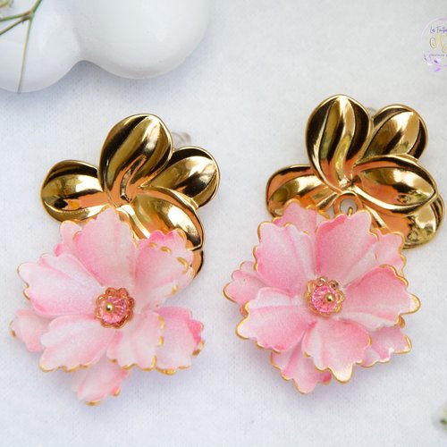 Boucles d'oreilles acier inoxydable doré "rosalia" fleurs acrylique bijoux femme assembler mains (a839)