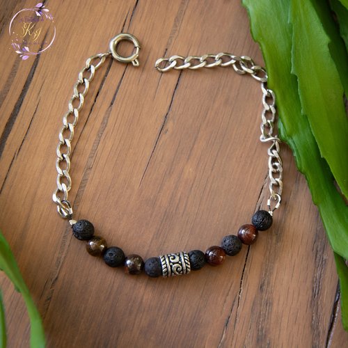Bracelet "adam" acier inoxydable, oeil de tigre rouge et lave 16,5 cm bijoux homme assembler mains (a530)