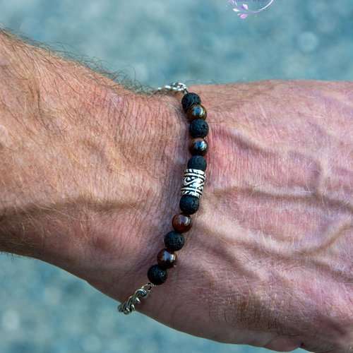 Bracelet gourmette acier et oeil de tigre rouge pierre de lave 16,5 cm "adam" bijoux homme assembler mains