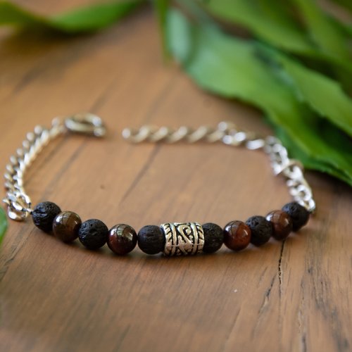 Bracelet gourmette acier et oeil de tigre rouge pierre de lave 16,5 cm "adam" bijoux homme assembler mains