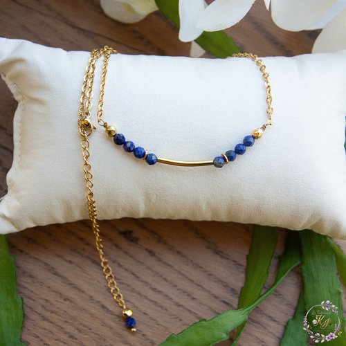 Collier "lapisa" acier inox doré et lapis-lazuli 41 cm bijoux femme assembler mains (a539)