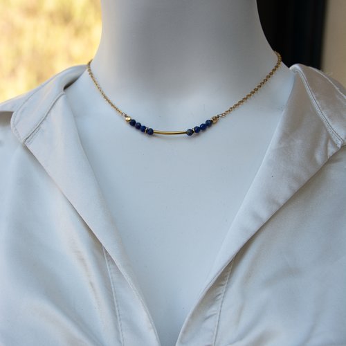 [déstockage -50%] collier "lapisa"  acier inox et lapis-lazuli 41 cm bijoux femme assembler mains (a539)