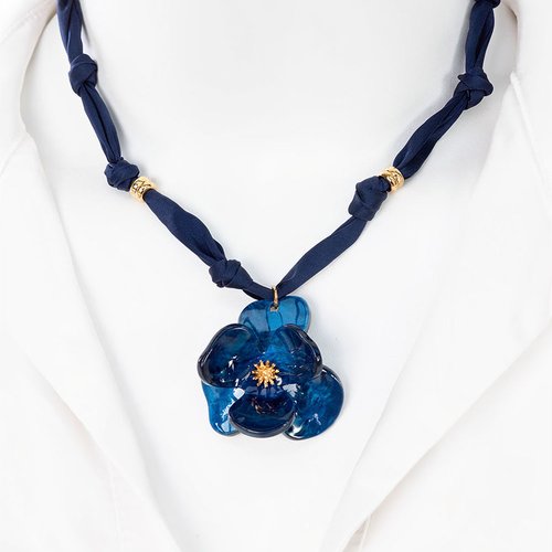 Collier cordon satin et acier inoxydable doré 47 cm "odyssee bleue" bijoux femme assembler mains (a909)