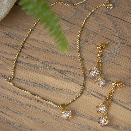 Parure collier et boucles d'oreilles cristal autrichien 40 cm "bulles d'or" acier inoxydable doré bijoux femme assembler mains (998.1)