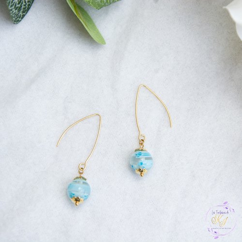 Boucles d'oreilles pendantes 51 mm acier doré pvd or 24k et perles millefiori "fioria" bijoux femme assembler mains