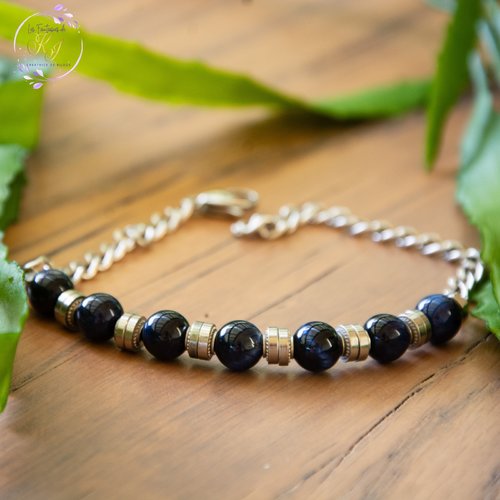 Bracelet homme perles œil de tigre bleu et acier inoxydable 18 cm "alpha" bijoux homme assembler mains