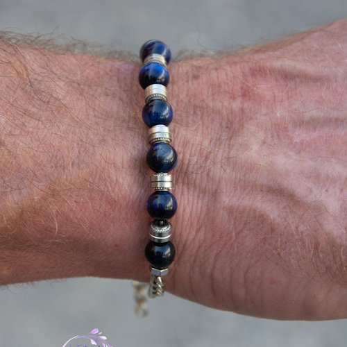 Bracelet homme perles œil de tigre bleu et acier inoxydable 18 cm "alpha" bijoux homme assembler mains