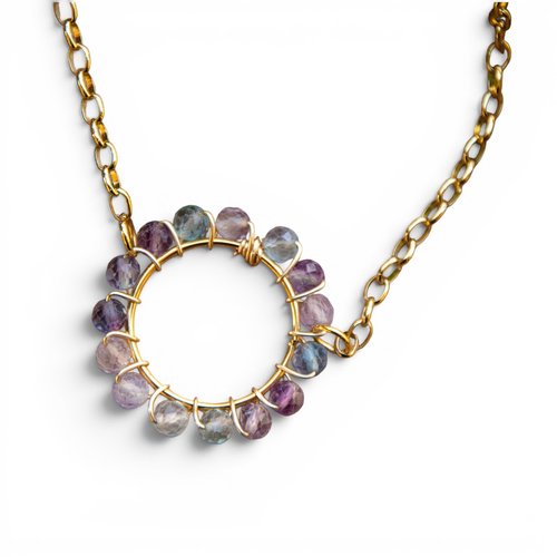 Collier anneau pierres naturelles fluorite acier doré 43 cm bijoux femme assembler mains "valentina"