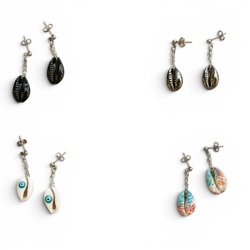 Boucles d'oreilles coquillages cauri acier inoxydable 3 cm bijoux femme assembler mains "cauri"