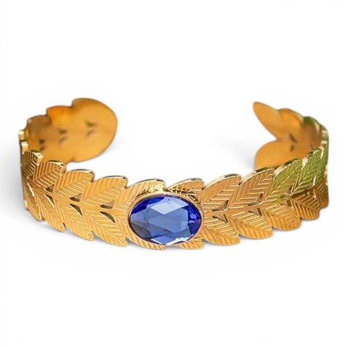 Bracelet jonc couronne feuilles cristal bleu acier doré pvd 16 cm bijoux femme assembler mains "laurea"