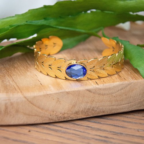 Bracelet jonc couronne feuilles cristal bleu acier doré pvd 16 cm bijoux femme assembler mains "laurea"