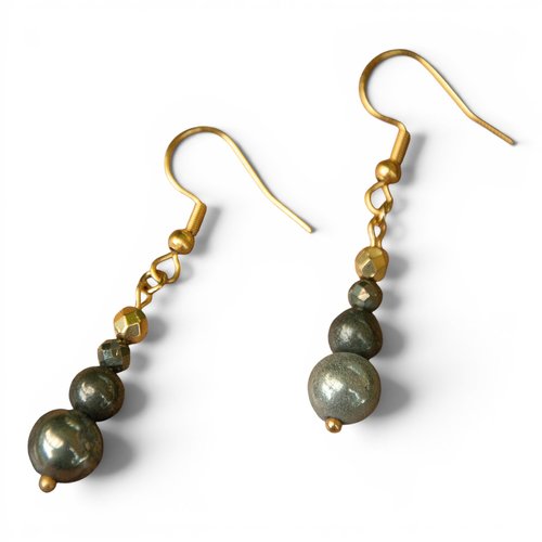 Boucles d'oreilles pendantes pierres naturelles pyrite acier doré 5 cm bijoux femme assembler mains "peneloupa"