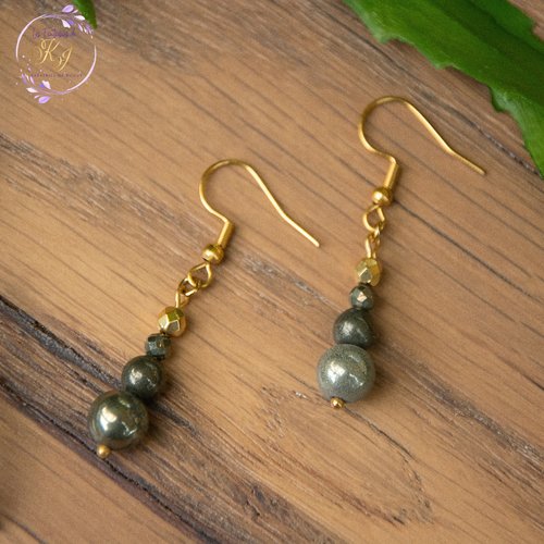 Boucles d'oreilles pendantes pierres naturelles pyrite acier doré 5 cm bijoux femme assembler mains "peneloupa"