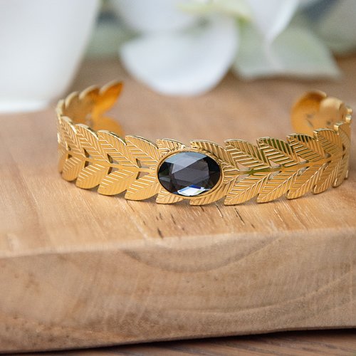 Bracelet jonc cristal autrichien gris et acier 316l doré "laurella" 16 cm bijoux femme assembler mains