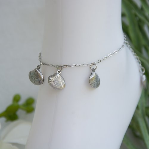 Bracelet de cheville acier inoxydable et coquillages 22 cm bijoux femme assembler mains "naia"