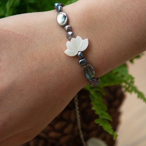 Bracelet et chevillère acier 316l nacre et perles d'eau douce 16 cm bijoux femme assembler mains "lotus marin"