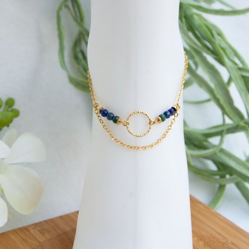 Bracelet de cheville acier doré et chrysocolle 23,5 cm bijoux femme assembler mains "alyssa"