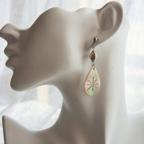 Boucles d'oreilles acier et nacre blanche 56 mm bijoux femme assembler mains déstockage "etoile de nacre"